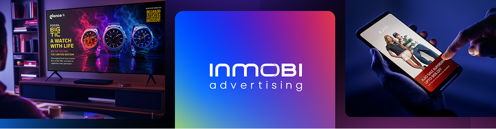 InMobi advertising showing a Fossil watch ad on a TV screen and an AJIO sale on a smartphone