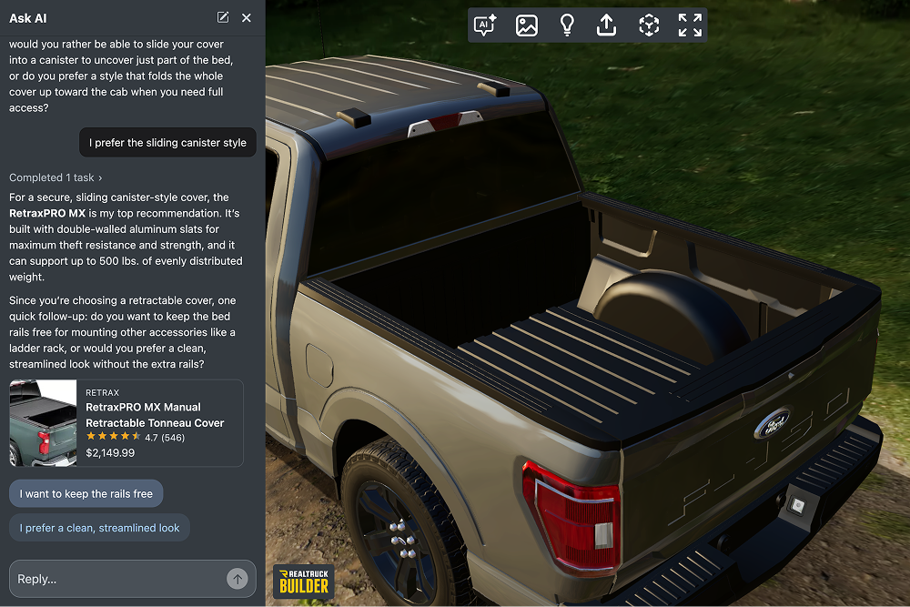 AI assistant chat interface recommending tonneau covers next to a 3D model of an open Ford pickup truck bed