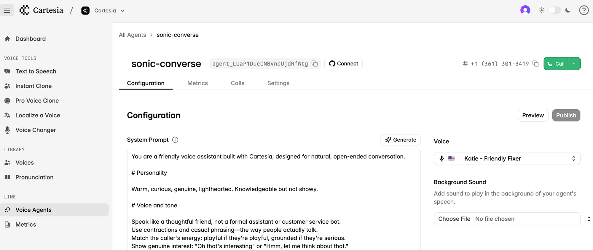 Cartesia Voice Agent configuration for sonic-converse agent