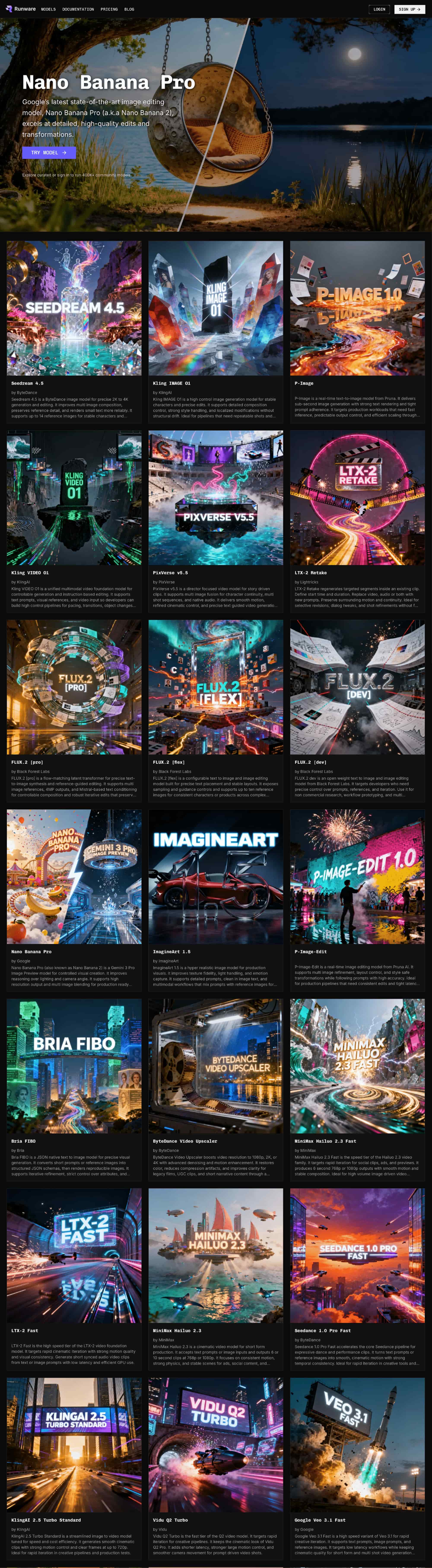 Grid of AI model thumbnails on Runware library page