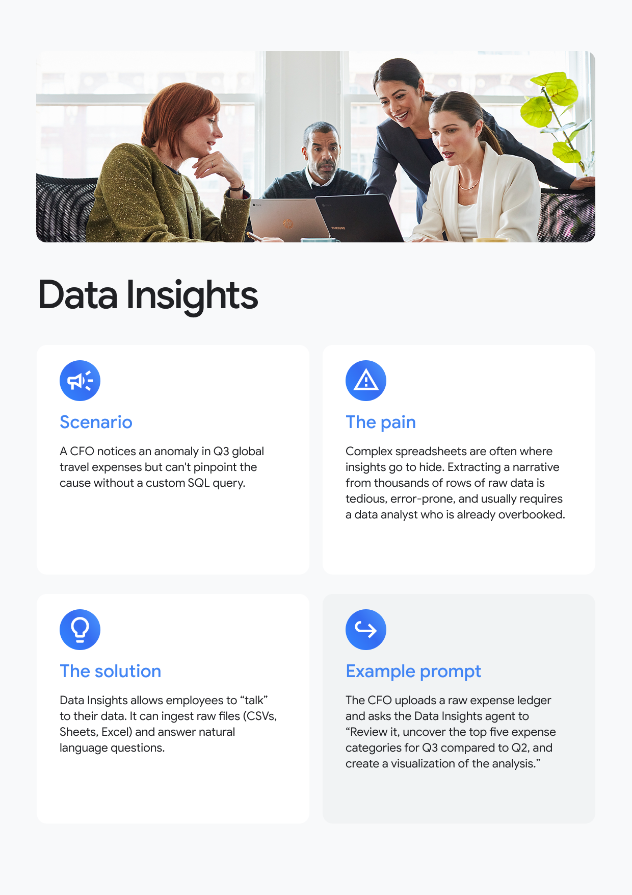 Data Insights Scenario A CFO notices an anomaly in Q3 global travel expenses but can't pinpoint the cause without a custom SQL query. The solution Data Insights allows employees to "talk" to their data. It can ingest raw files (CSVs, Sheets, Excel) and answer natural language questions. A The pain Complex spreadsheets are often where insights go to hide. Extracting a narrative from thousands of rows of raw data is tedious, error-prone, and usually requires a data analyst who is already overbooked. Example prompt The CFO uploads a raw expense ledger and asks the Data Insights agent to "Review it, uncover the top five expense categories for Q3 compared to Q2, and create a visualization of the analysis."