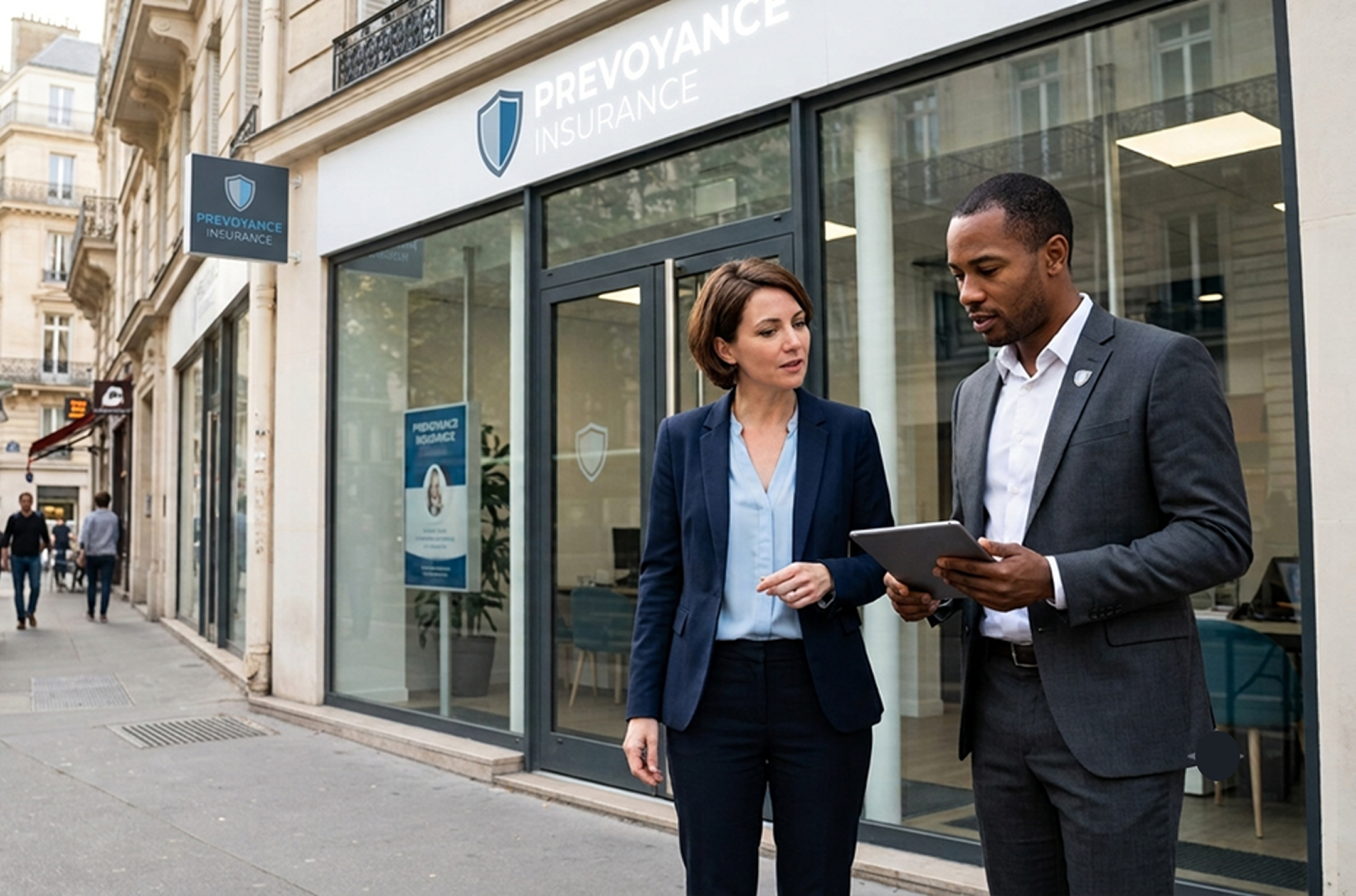 A woman and a man in professional attire stand outside a Prevoyance Insurance storefront while looking at a tablet