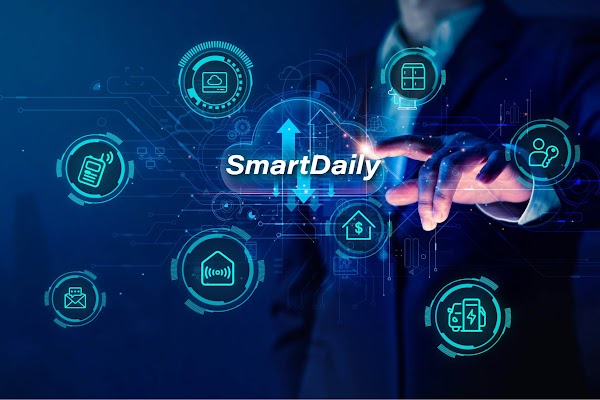 A man's finger touching the SmartDaily icon on the screen among other technical icons