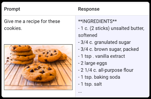 Image of prompt and response for a cookie recipe