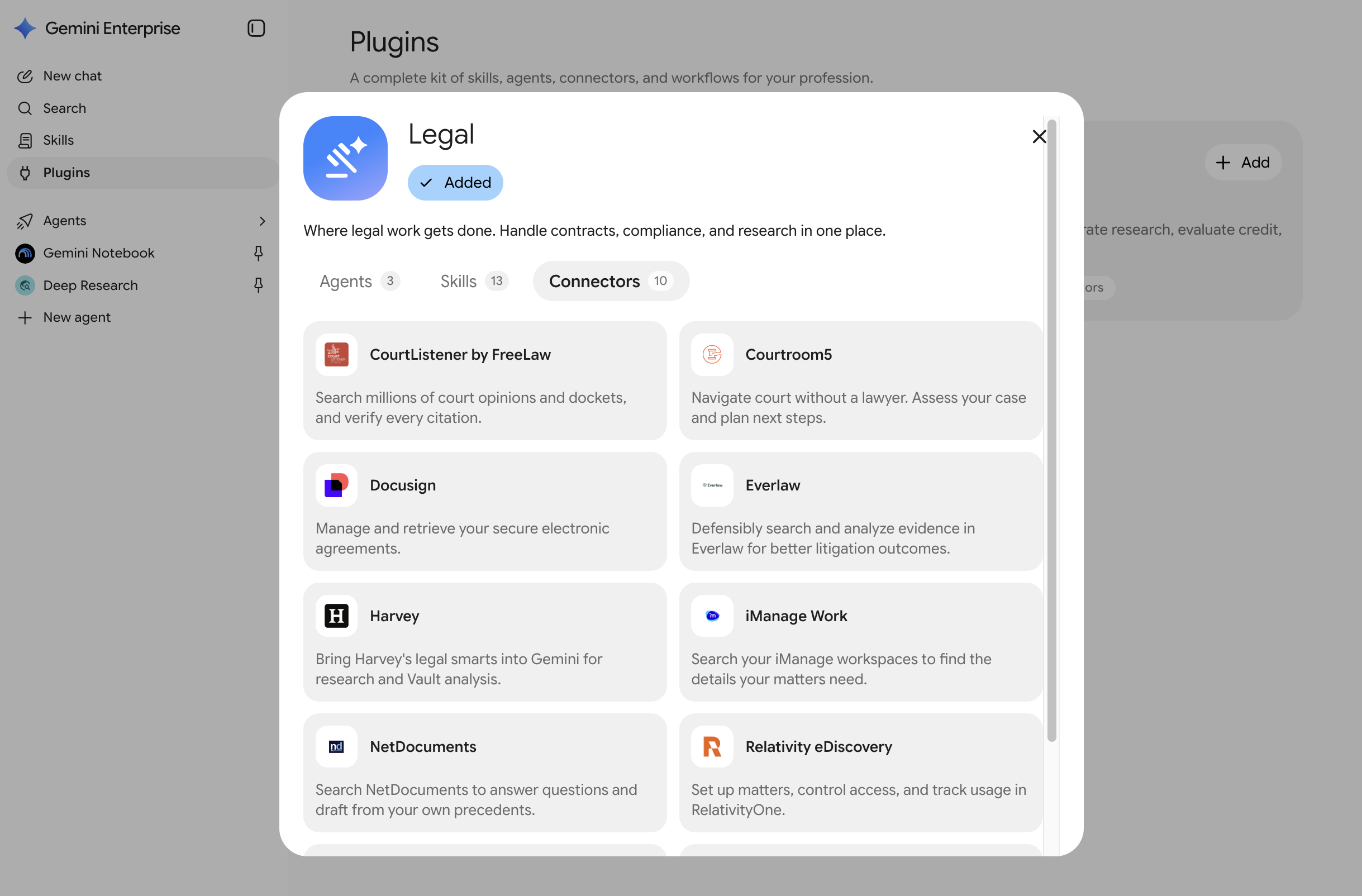 Legal connectors UI in Gemini Enterprise
