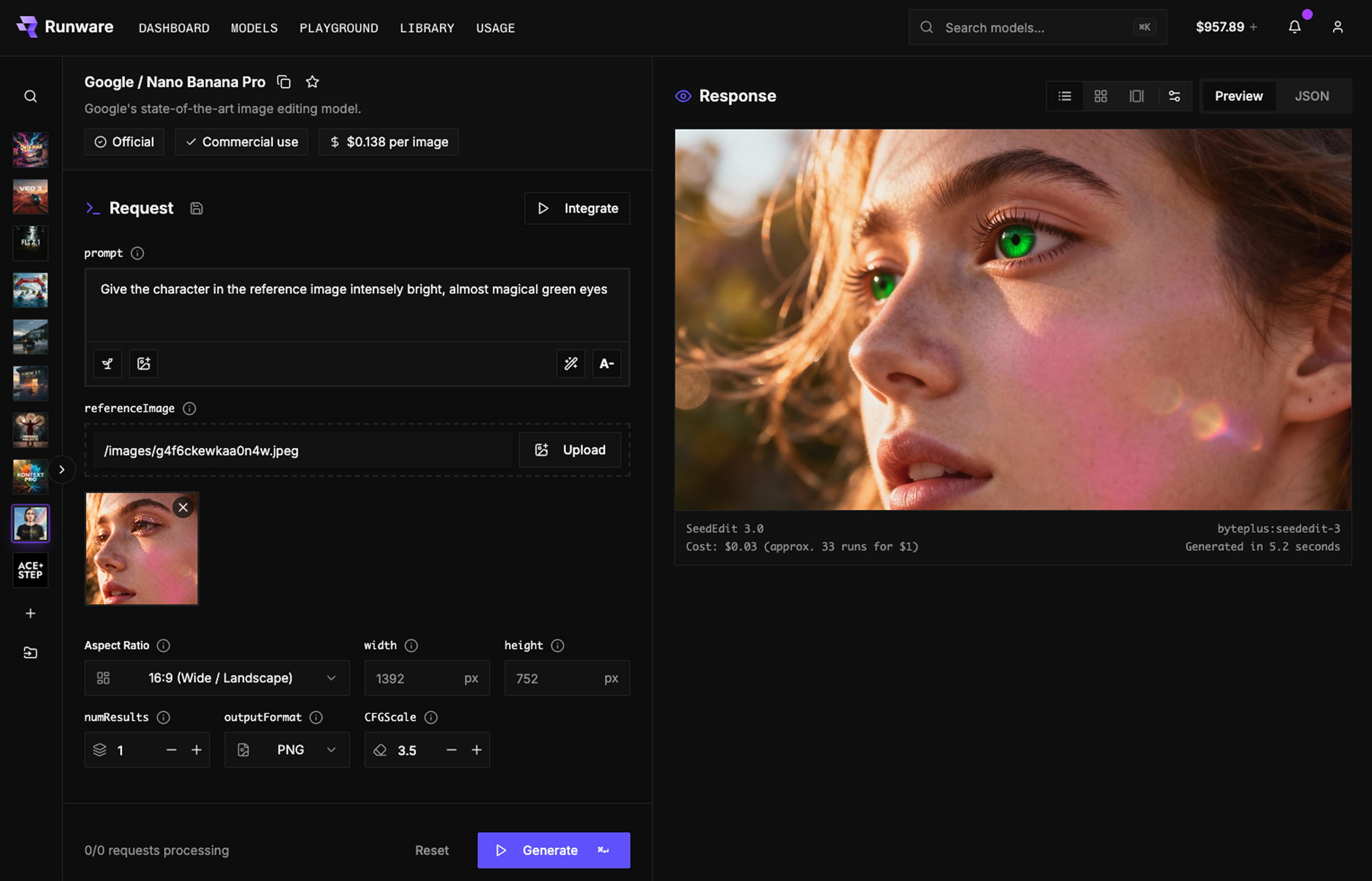 Runware Playground UI showing AI green eye edit