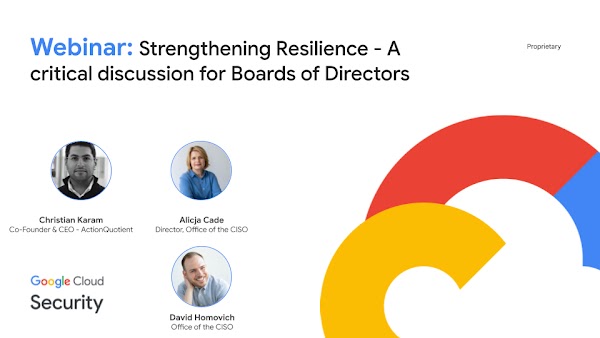 Image displays photos of the three presenters under the webinar title of Strengthening Resilience-A critical discussion for Boards of Directors