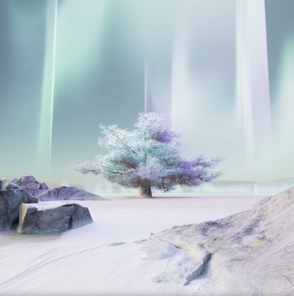 나무 위로 오로라가 펼쳐진 삽화 사진