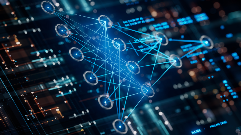 Abstract digital visualization of a glowing blue neural network with interconnected nodes and data lines