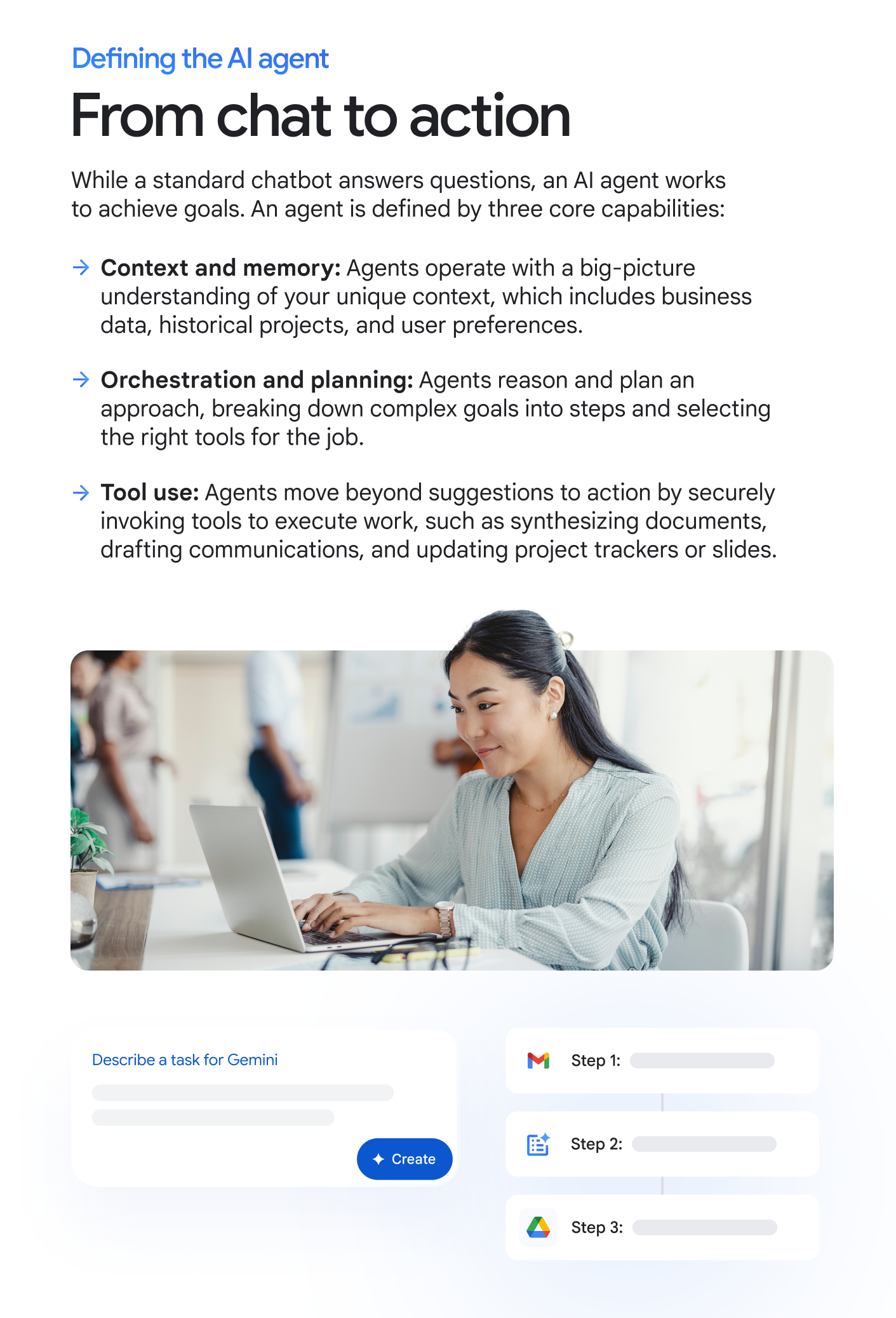 Defining the AI agent: From chat to action. While a standard chatbot answers questions, an AI agent works to achieve goals. An agent is defined by three core capabilities: Context and memory: Agents operate with a big-picture understanding of your unique context, which includes business data, historical projects, and user preferences. Orchestration and planning: Agents reason and plan an approach, breaking down complex goals into steps and selecting the right tools for the job. Tool use: Agents move beyond suggestions to action by securely invoking tools to execute work, such as synthesizing documents, drafting communications, and updating project trackers or slides.