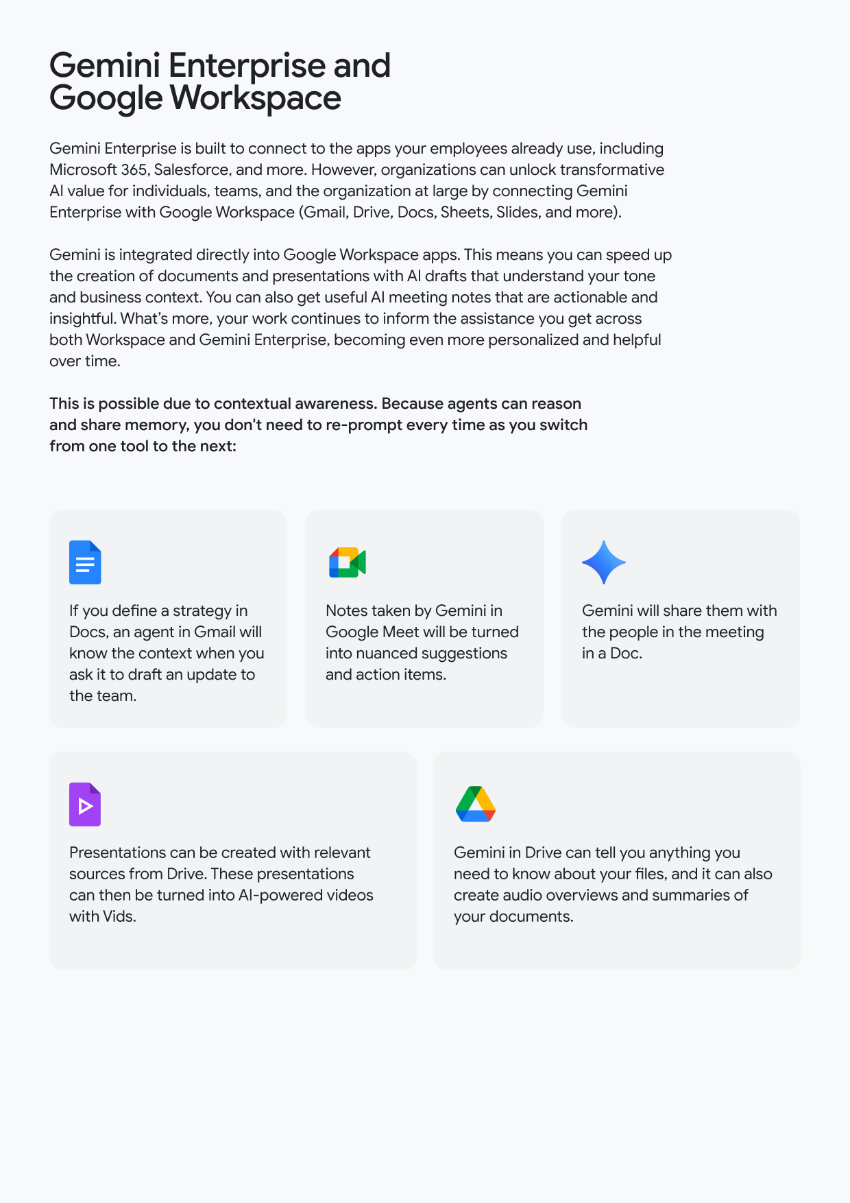 Gemini Enterprise and Google Workspace Gemini Enterprise is built to connect to the apps your employees already use, including Microsoft 365, Salesforce, and more. However, organizations can unlock transformative Al value for individuals, teams, and the organization at large by connecting Gemini Enterprise with Google Workspace (Gmail, Drive, Docs, Sheets, Slides, and more). Gemini is integrated directly into Google Workspace apps. This means you can speed up the creation of documents and presentations with Al drafts that understand your tone and business context. You can also get useful Al meeting notes that are actionable and insightful. What's more, your work continues to inform the assistance you get across both Workspace and Gemini Enterprise, becoming even more personalized and helpful over time. This is possible due to contextual awareness. Because agents can reason and share memory, you don't need to re-prompt every time as you switch from one tool to the next: If you define a strategy in Docs, an agent in Gmail will know the context when you ask it to draft an update to the team. Notes taken by Gemini in Google Meet will be turned into nuanced suggestions and action items. Gemini will share them with the people in the meeting in a Doc. Presentations can be created with relevant sources from Drive. These presentations can then be turned into Al-powered videos with Vids. Gemini in Drive can tell you anything you need to know about your files, and it can also create audio overviews and summaries of your documents.