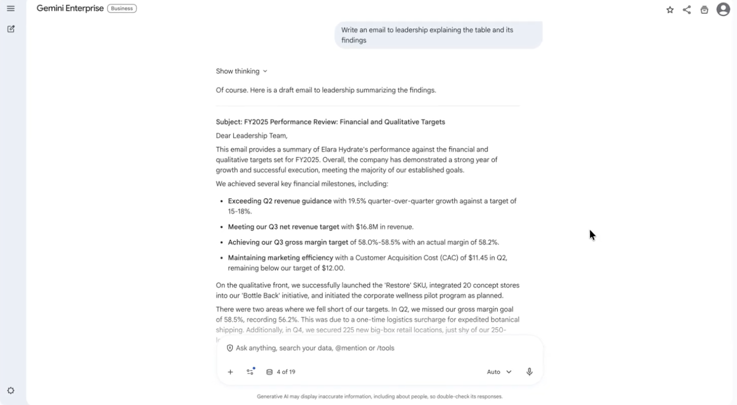 Email output in Gemini Enterprise UI