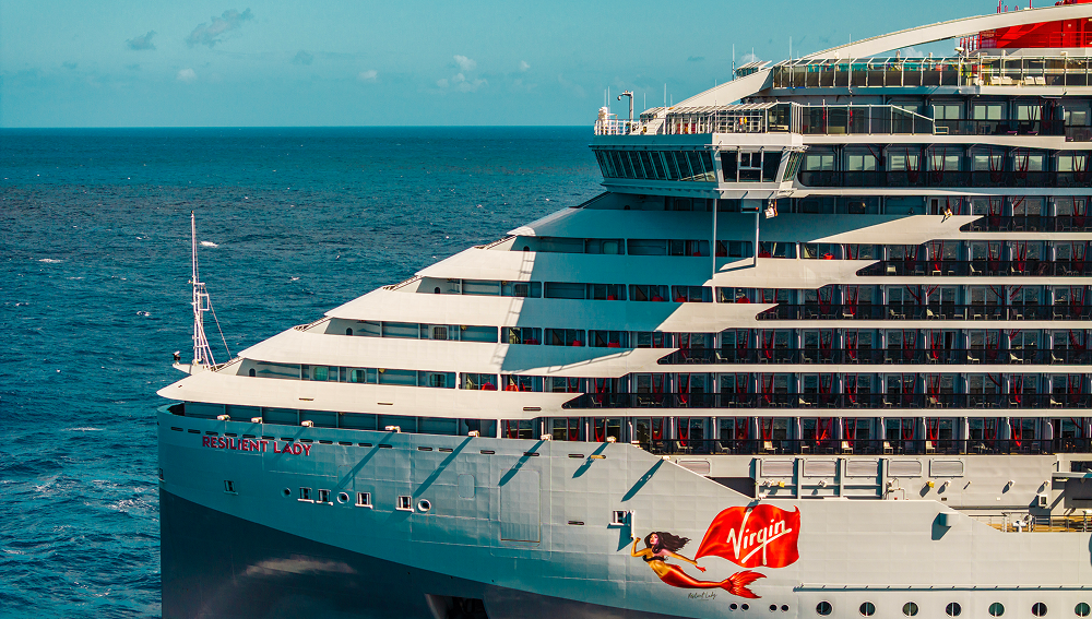 Virgin Voyages Resilient Lady cruise ship on the ocean