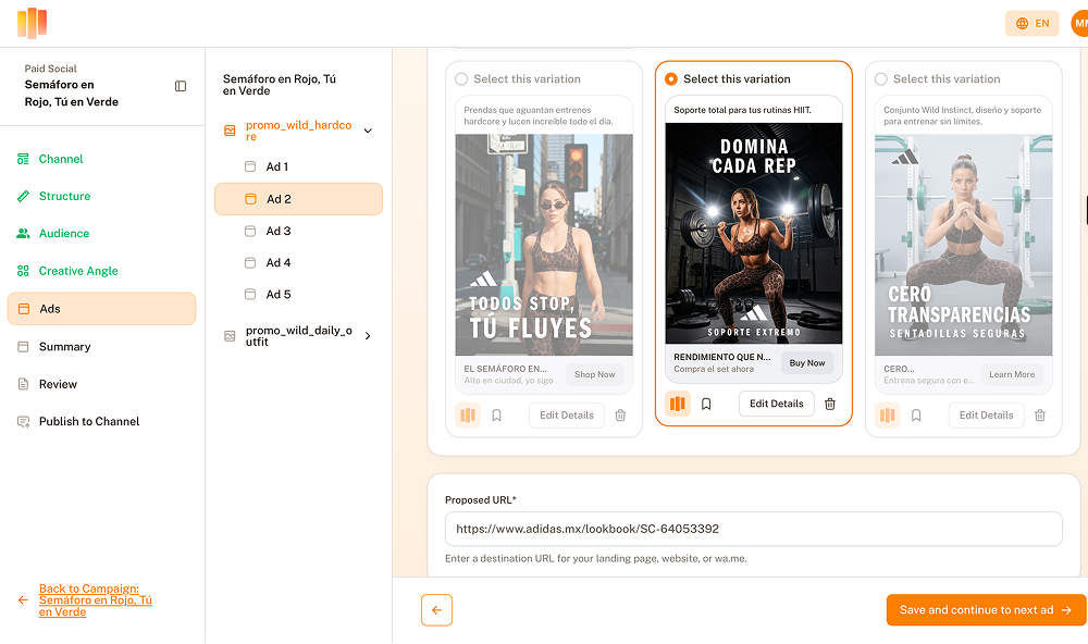 A campaign editor preview showing three ad variations for athletic wear, featuring a selected middle ad with a woman lifting weights