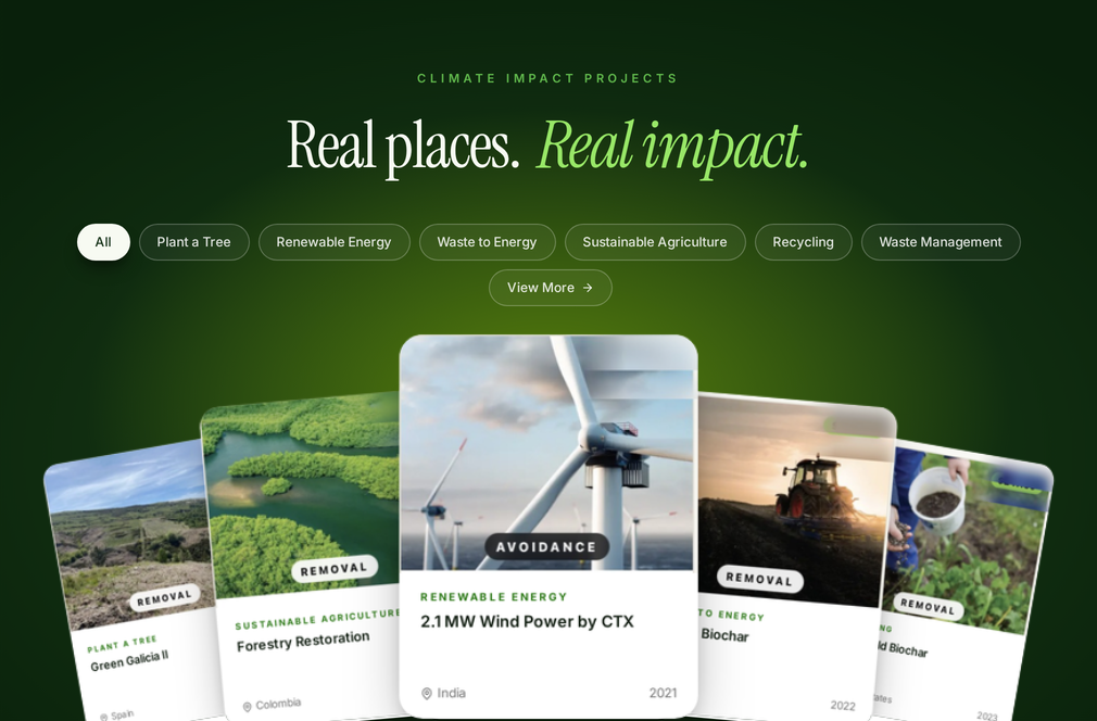 Climate Impact Projects website featuring cards for Green Galicia II, Forestry Restoration, and 2.1 MW Wind Power by CTX.