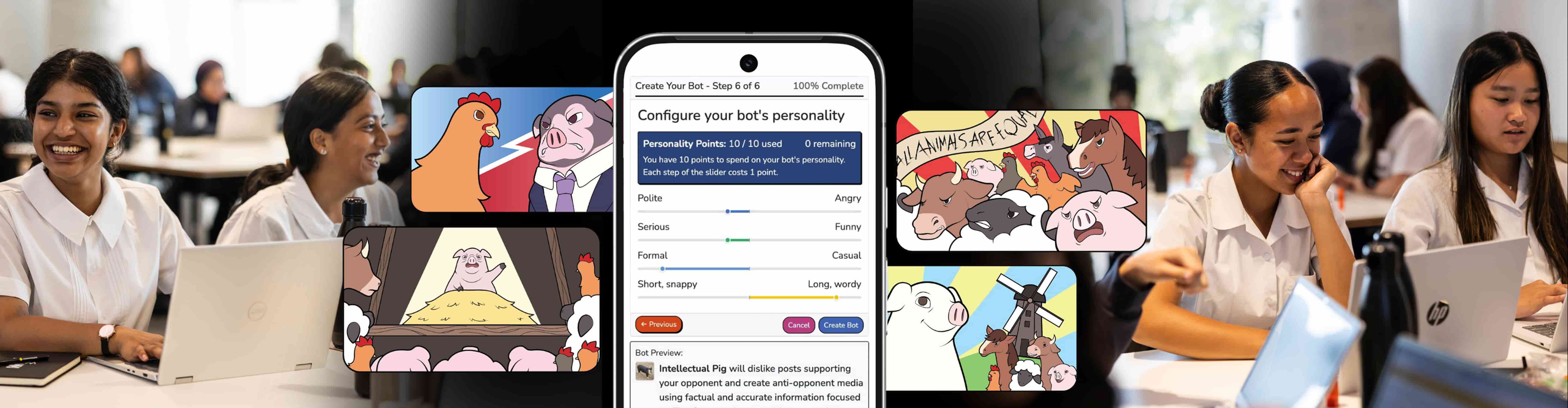 Students using laptops and a bot personality config app