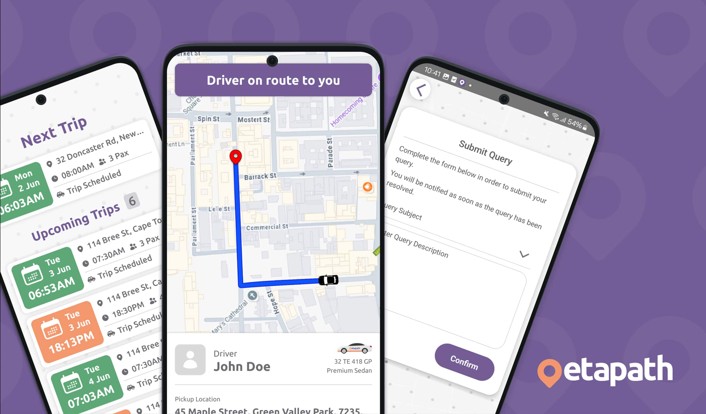 Etapath UX on mobile showing Next Trip, Driver on route, and Submit Query