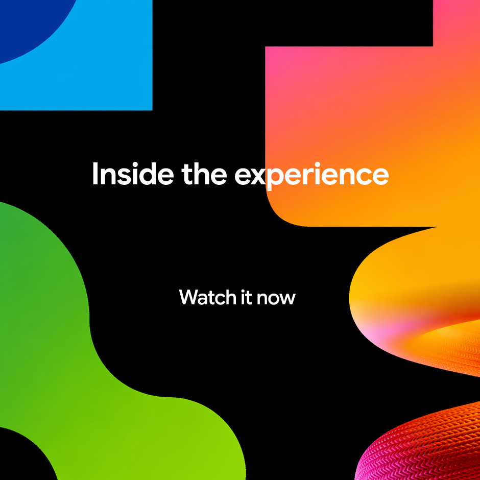 Abstract graphic with bold, colorful gradient shapes against a black background with the text "Inside the experience’