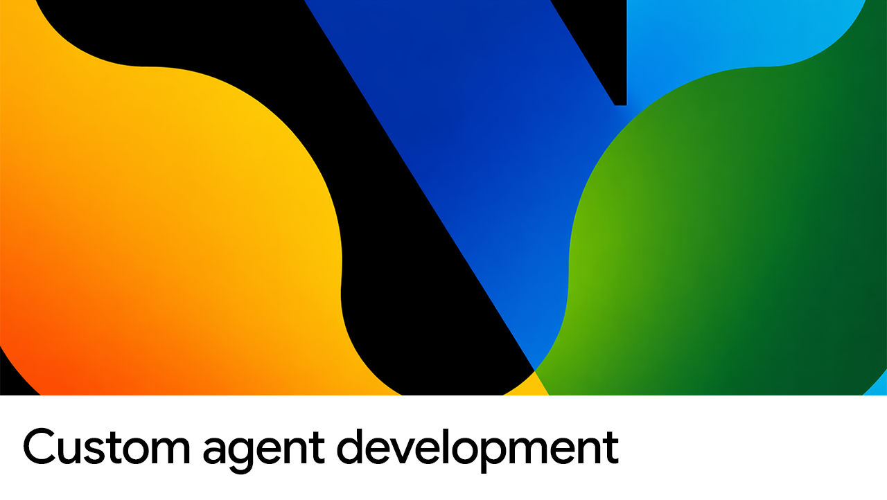 Abstract graphic with bold, colorful gradient shapes against a black background with text 'Custome agent development'