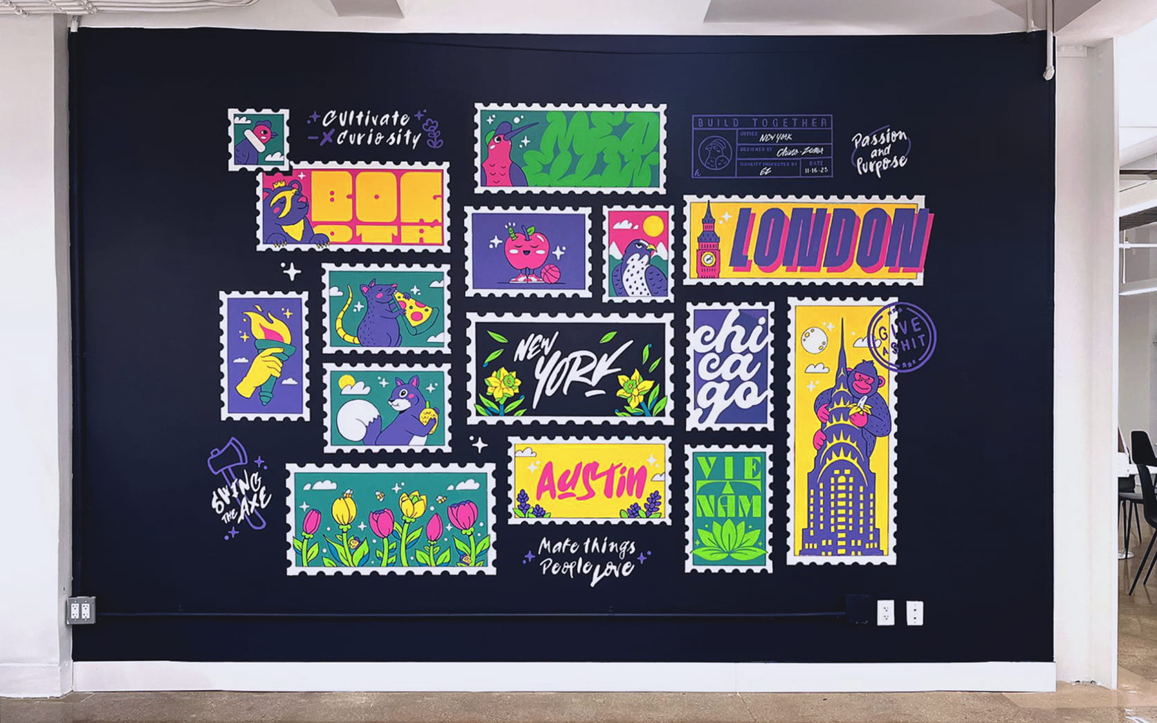 Office mural designed as a collection of postage stamps