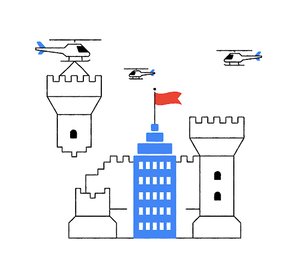 대부분 흑백으로 그려진 성의 그림으로, 중앙 부분은 Google 파란색이고 꼭대기에 빨간색 깃발이 달려 있어 성의 중앙 부분이 매우 안전하다는 것을 나타냅니다.