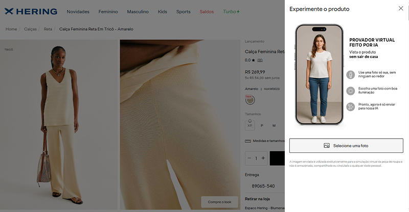 Ferramenta de provador virtual com inteligência artificial no site da Cia Hering