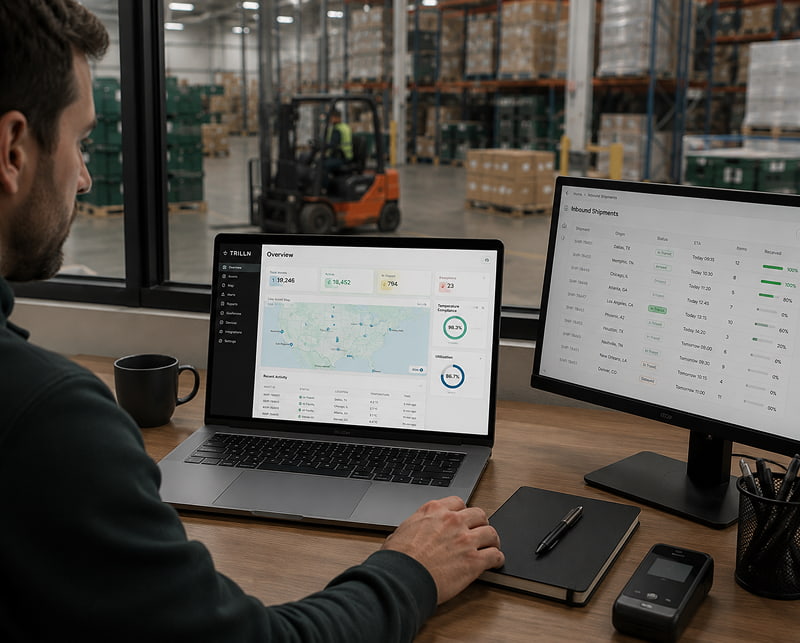 A person working at a desk in an office overlooking a large warehouse or fulfillment center