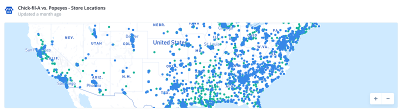 Map comparing Chick-fil-A and Popeyes store locations in US