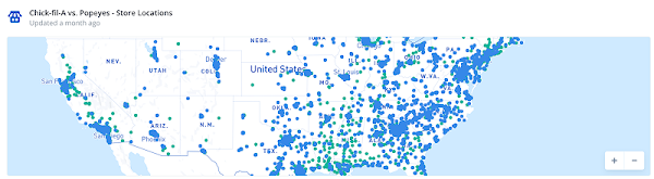 Map comparing Chick-fil-A and Popeyes store locations in US