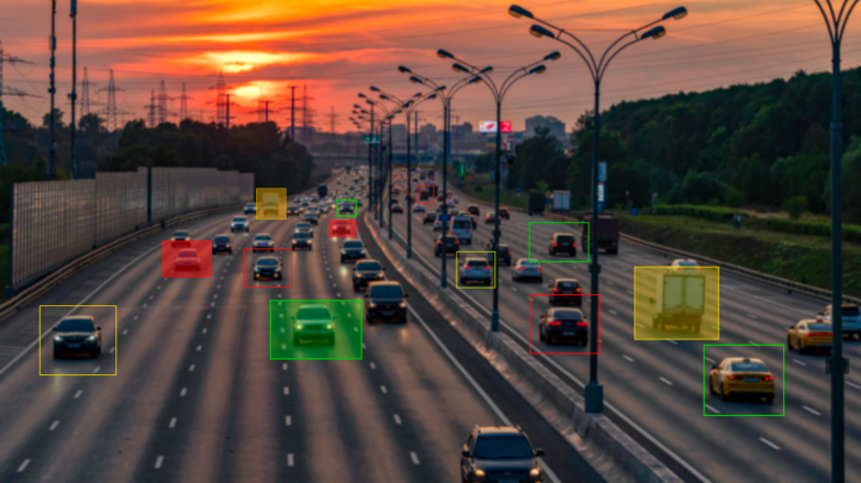 analyze vehicles on a multi-lane highway during sunset