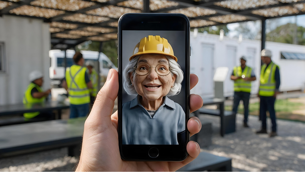 A hand holding a smartphone showing an animated elderly woman (Nonna PIA, Grupo Paolini`s customized AI assistant) wearing a yellow hard hat, with construction workers in the background