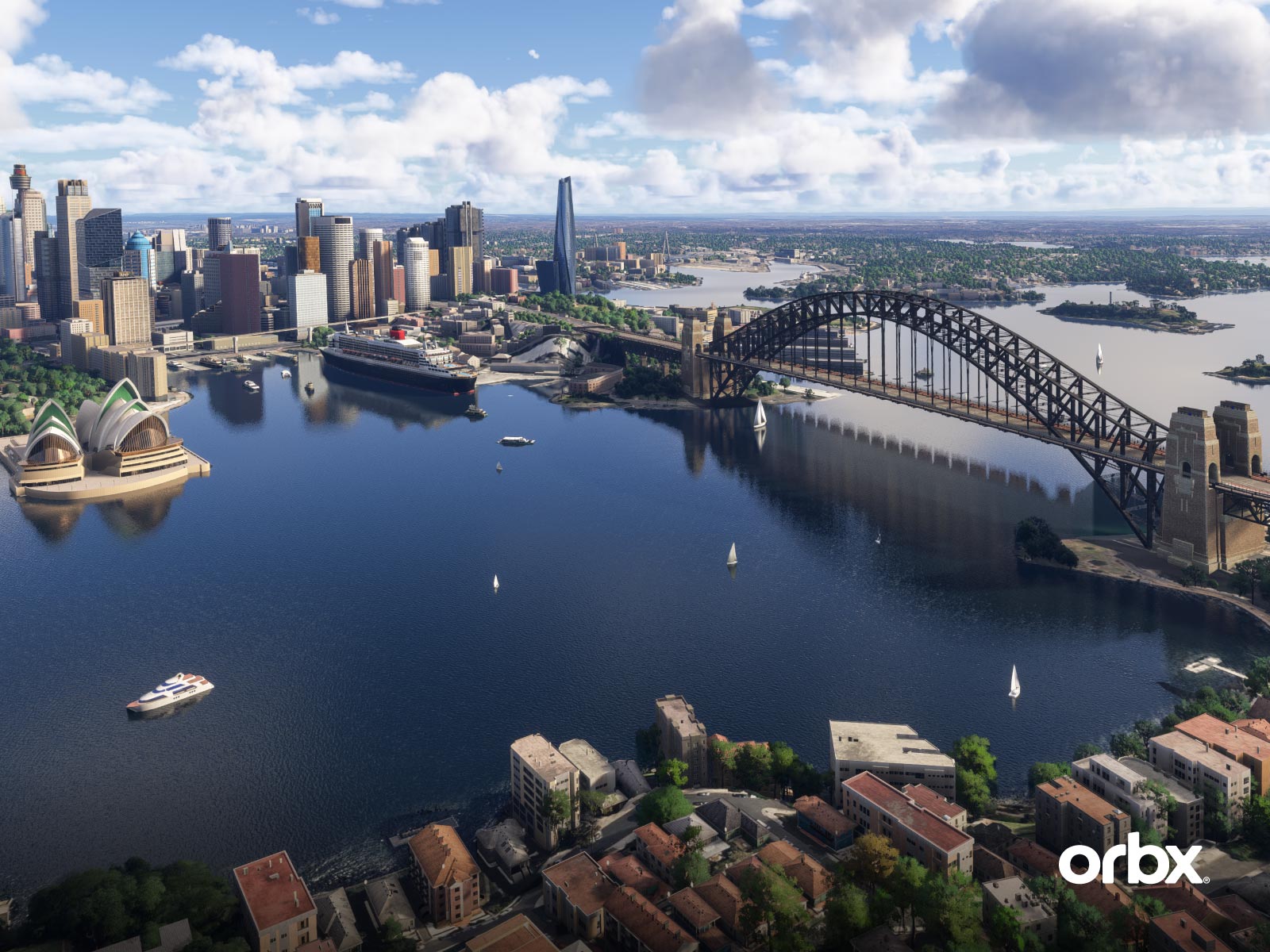 Panoramic view of a Sydney harbor bridge and Sydney Opera House.