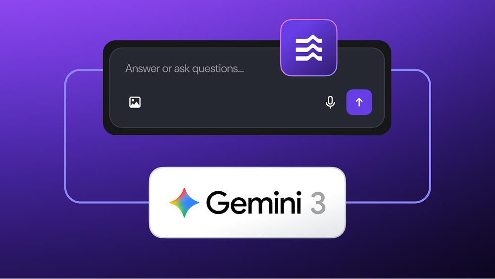 An interface for Gemini 3 featuring an input bar with the prompt "Answer or ask questions..." and various input icons