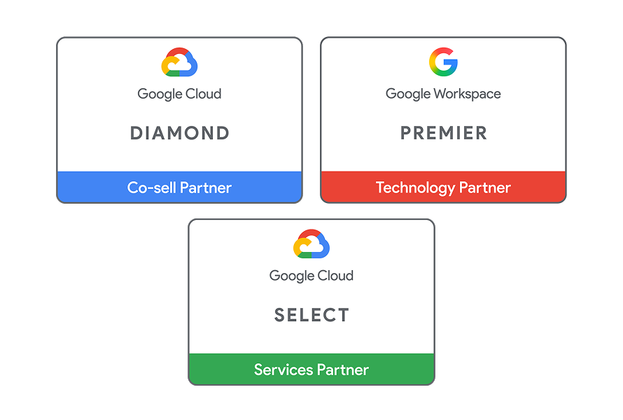 Examples of Diamond, Premier, and Select Google Cloud Partner Network tier badges