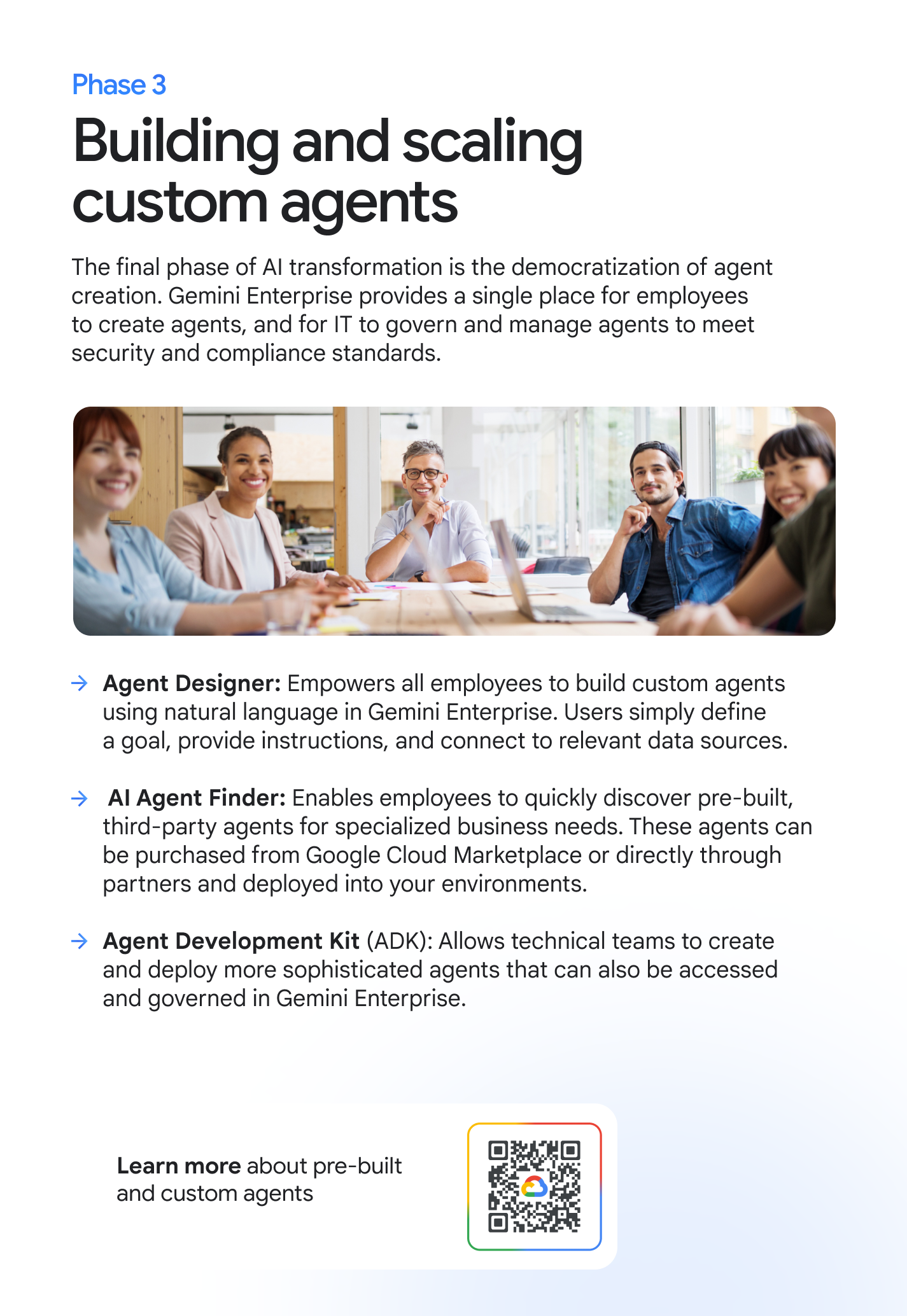 Phase 3: Building and scaling custom agents. The final phase of AI transformation is the democratization of agent creation. Gemini Enterprise provides a single place for employees to create agents, and for IT to govern and manage agents to meet security and compliance standards. Agent Designer: Empowers all employees to build custom agents using natural language in Gemini Enterprise. Users simply define a goal, provide instructions, and connect to relevant data sources. AI Agent Finder: Enables employees to quickly discover pre-built, third-party agents for specialized business needs. These agents can be purchased from Google Cloud Marketplace or directly through partners and deployed into your environments. Agent Development Kit (ADK): Allows technical teams to create and deploy more sophisticated agents that can also be accessed and governed in Gemini Enterprise. Learn more about pre-built and custom agents at cloud.google.com/gemini-enterprise/agents