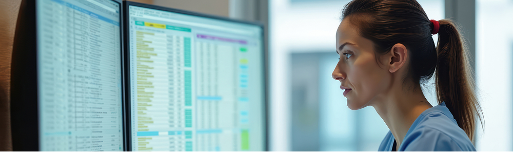 A woman in blue scrubs is shown in profile, intently looking at dual computer monitors displaying data-filled spreadsheets.
