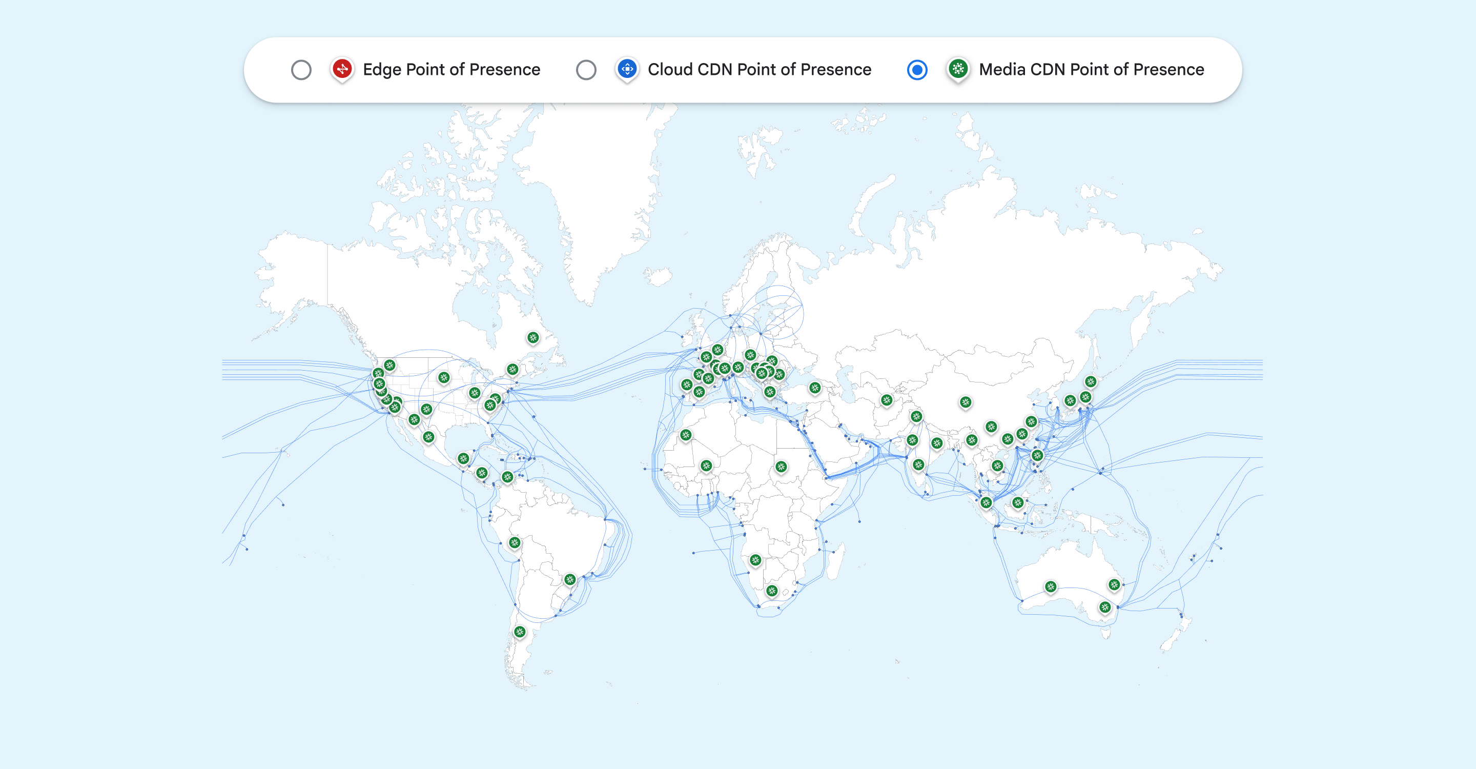 Network map showing Media CDN PoPs locations