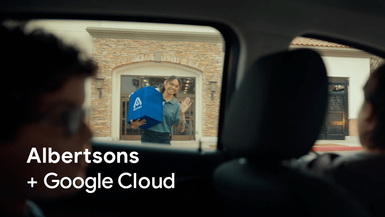 A woman carrying Albertsons bag waving at people in a car
