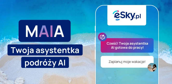 An advertisement for MAIA, an AI travel assistant by eSky.pl, shown on a smartphone against a tropical beach background