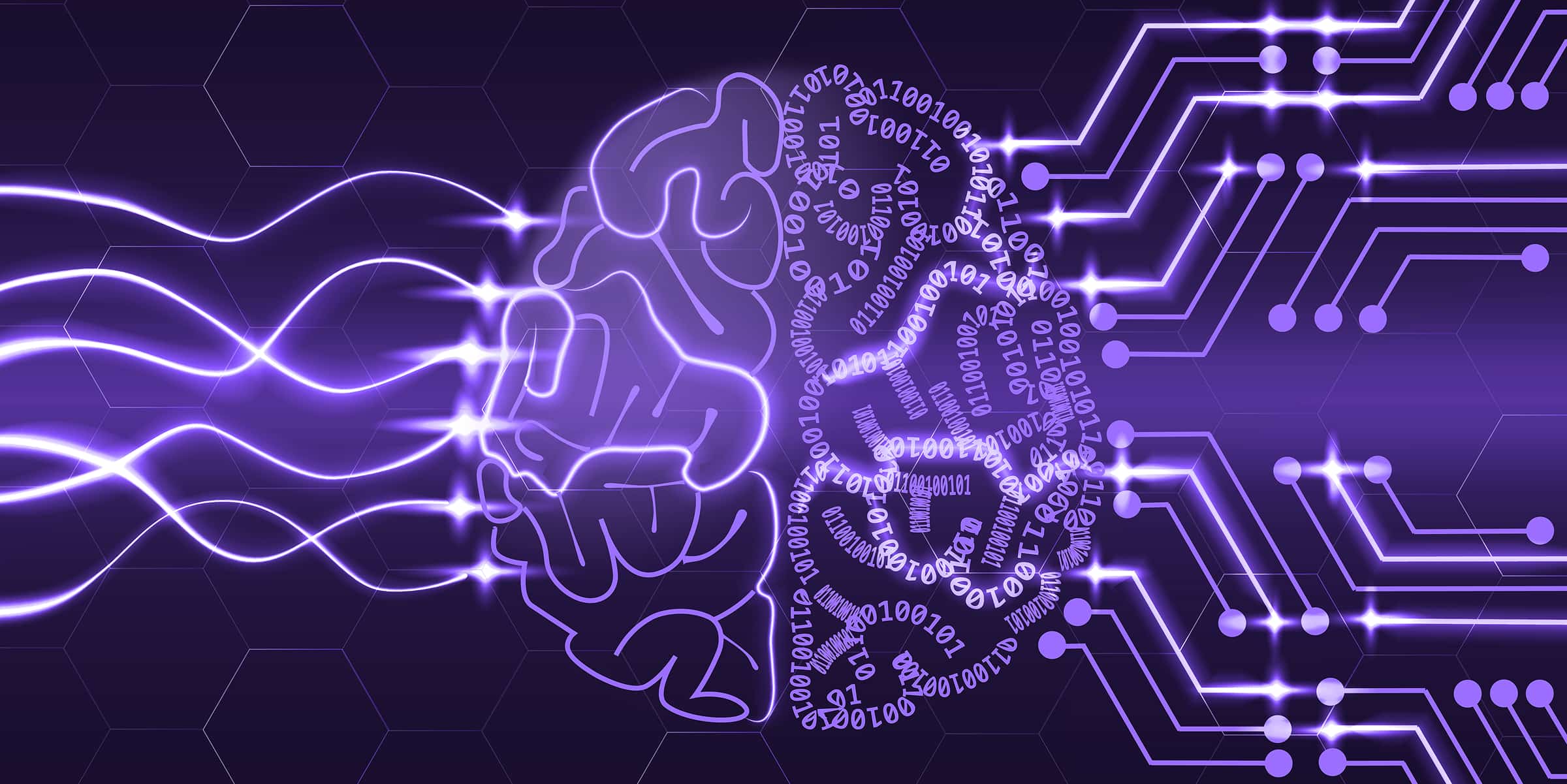 Digital brain with binary code and circuit lines