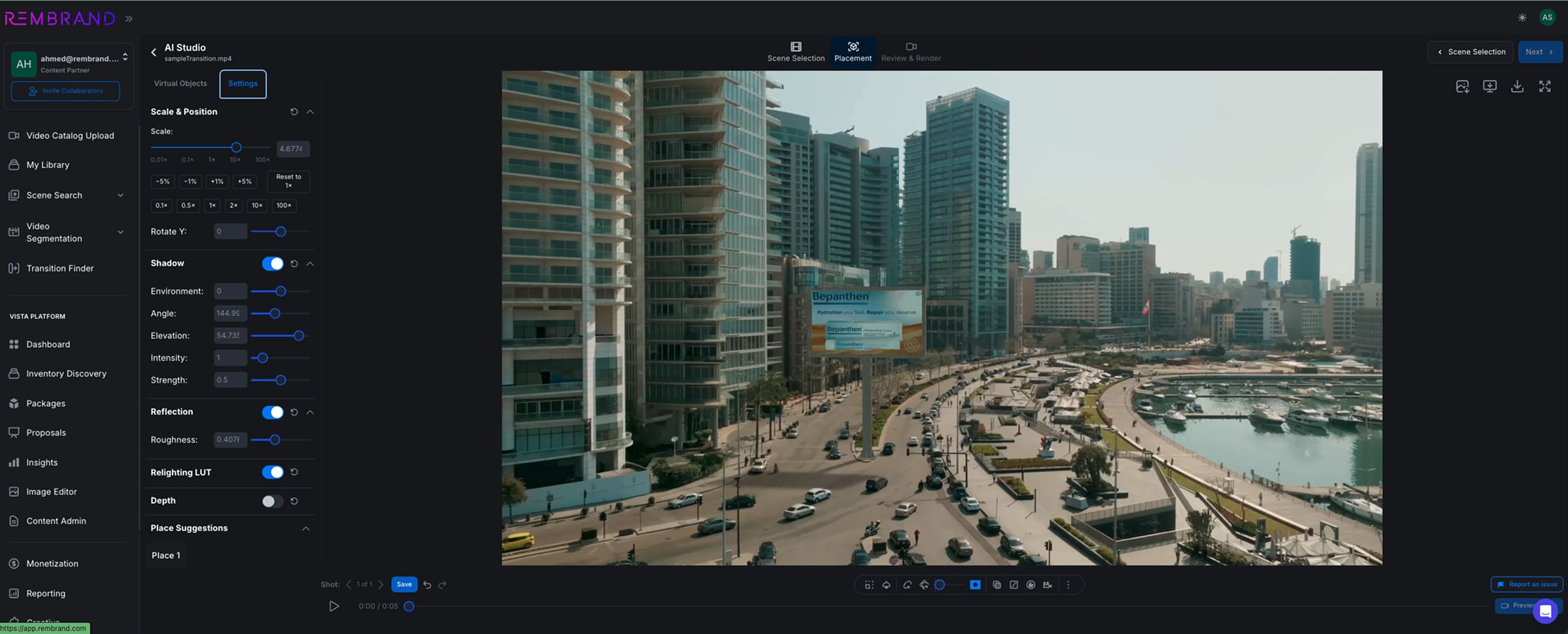 AI software interface for virtual ad placement