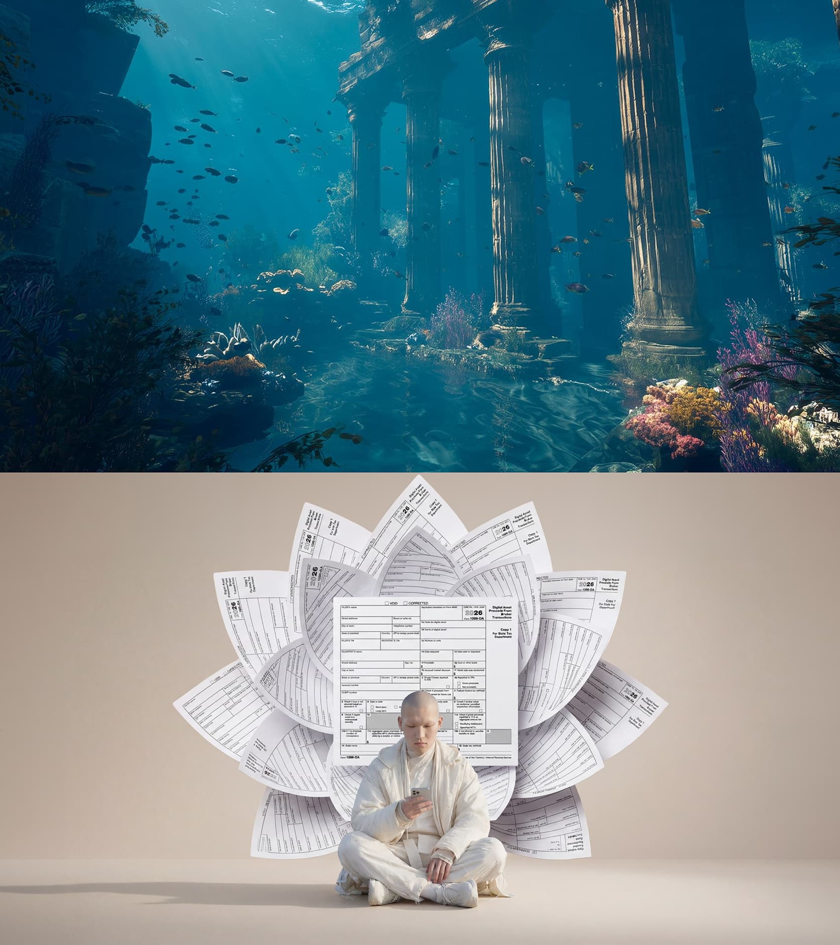 Underwater ruins and a person sitting among tax forms