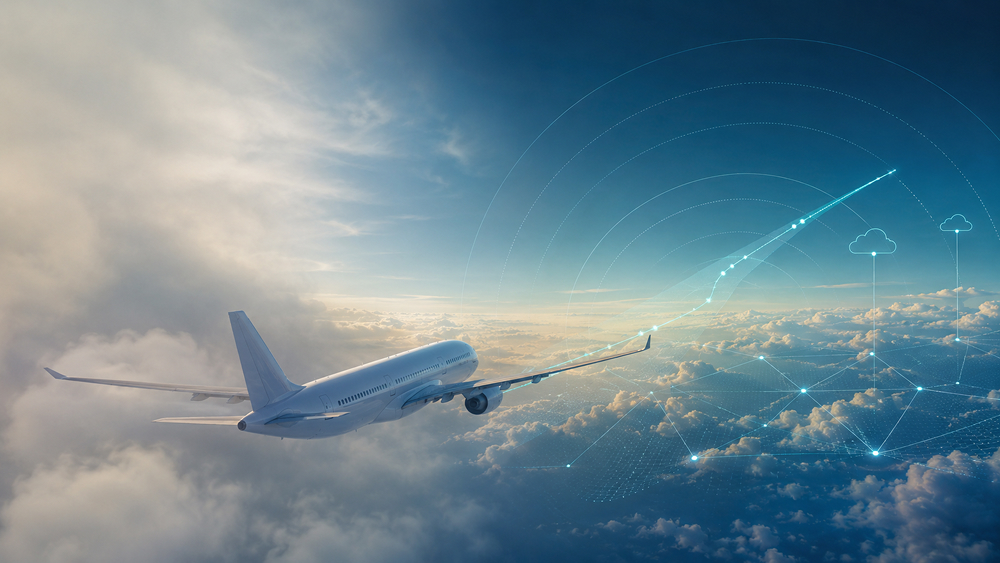 An airplane flies through clouds with digital overlays of radar waves, data nodes, and cloud icons representing connectivity