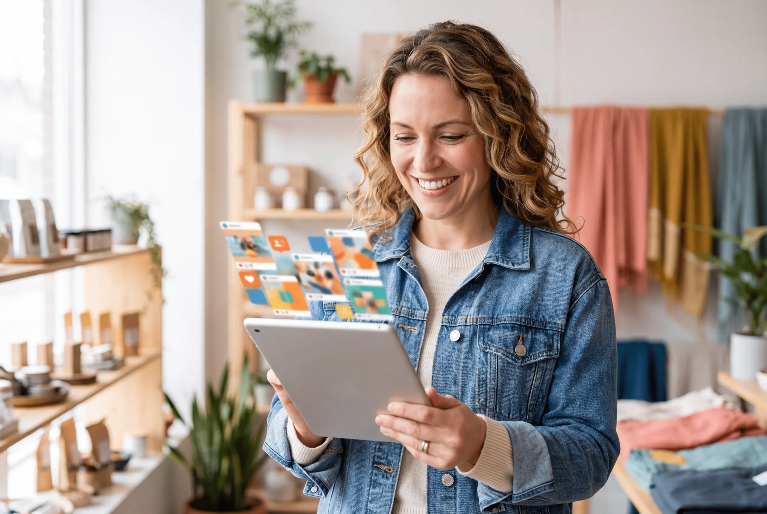 A woman with curly hair wearing a blue denim jacket, smiling while looking at a digital tablet