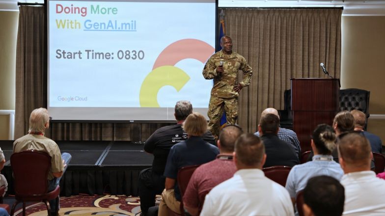 Military leader presenting doing more with GenAI.mil