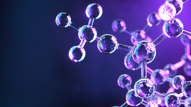 3D rendering of a molecular structure with translucent spheres and bonds