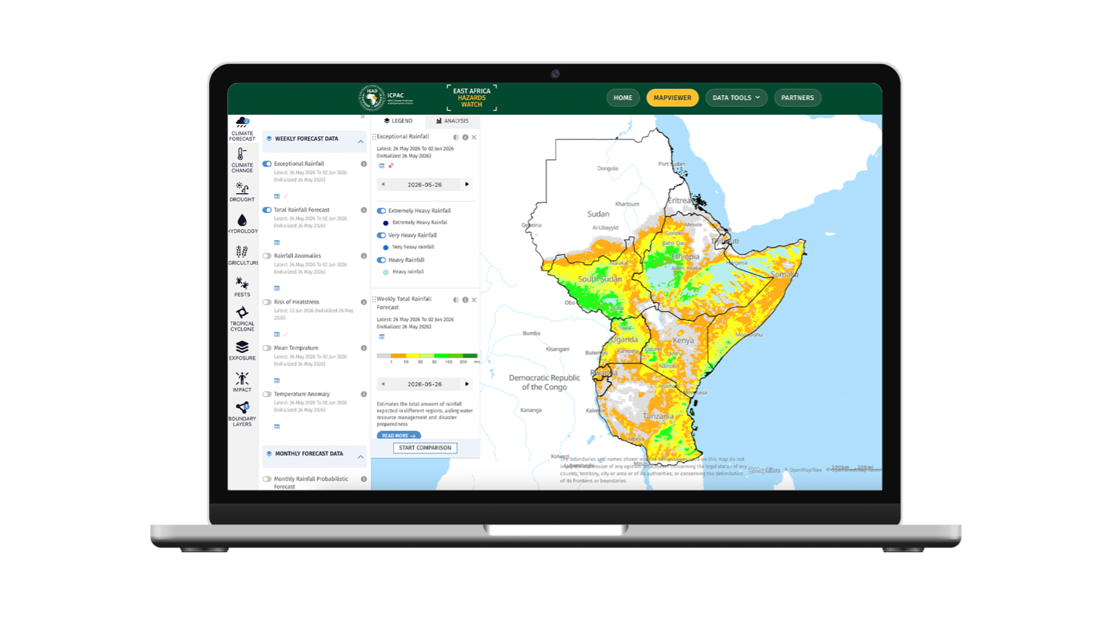A laptop displaying the "East Africa Map Viewer" website, for monitoring regional environmental and climate data