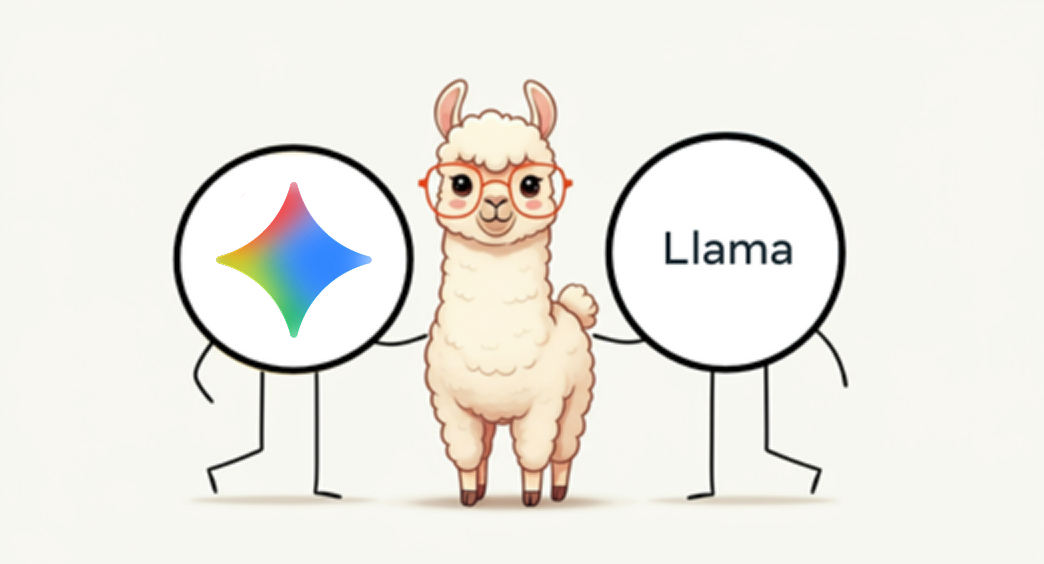 Gemini spark logo and Llama text logo with cartoon llama between them