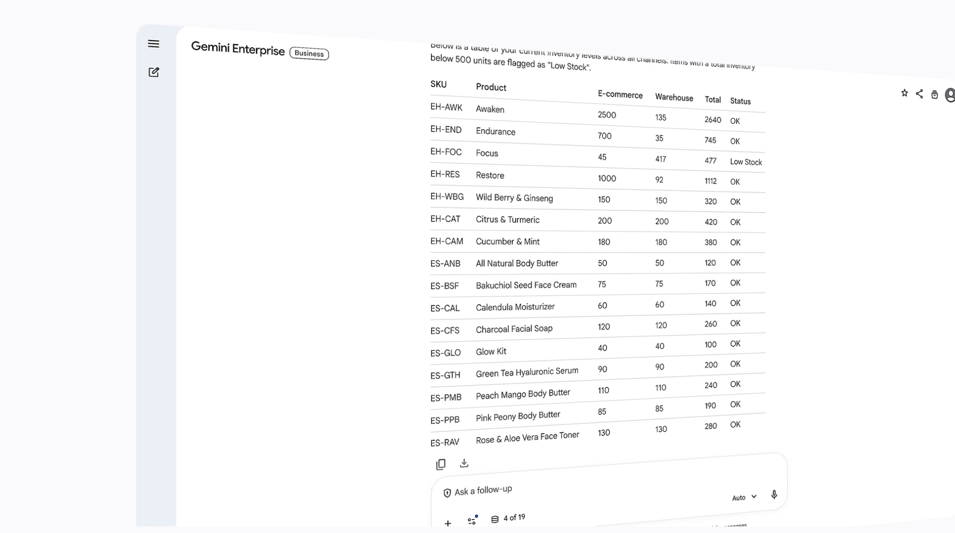 Output from inventory prompt put into Gemini Enterprise