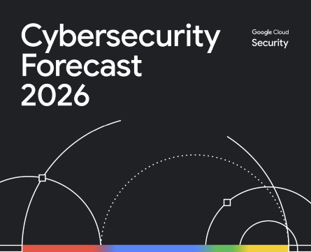 Schwarzer Hintergrund mit mehrfarbigem Band und dem Titel „Prognosen zur Cybersecurity 2026“
